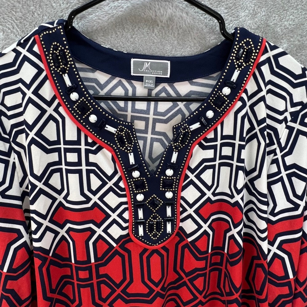 JM Collection‎ Petite XL Red Navy Geometric Beaded Split V-Neck 3/4 Sleeve Tunic